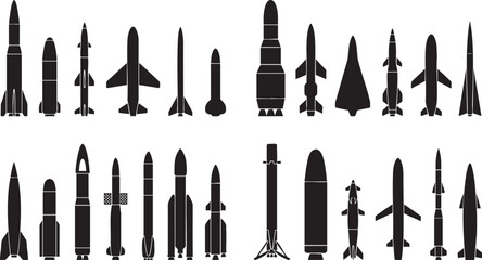Fototapeta premium Diverse collection of military missiles and rockets silhouettes strategic weaponry and defense systems illustration