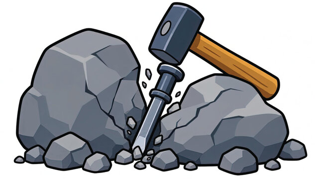 Hammer and chisel on rock surface.