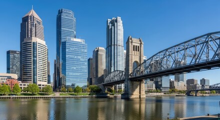 Obraz premium Modern cityscape with bridges and skyscrapers under clear blue sky