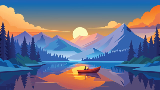 Mountain lake reflection at sunset with pine trees and sun Vector Illustration