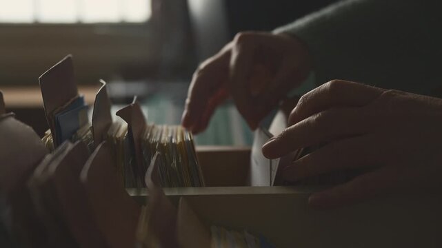 Woman searching through paper index cards in archival cabinet, retro information system and history concept, 4K