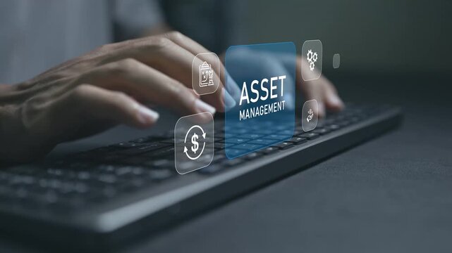 Digital asset management system concept. Person typing keyboard with analytics and investment icons, resource allocation, asset monitoring and financial planning.