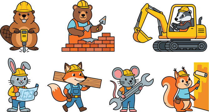 Cute Animal Construction Worker Character Vector Set with Beaver, Bear, Badger, Rabbit, Fox, Mouse, and Squirrel Builders for Children Graphic Designs