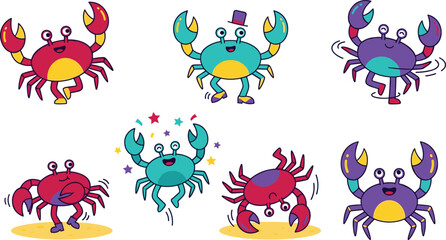 Obraz premium Cute Cartoon Crab Character Sticker Set with Dancing, Happy, and Funny Ocean Creatures for Children Illustrations, Summer Beach Themes, and Graphic Designs
