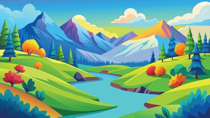 Vibrant mountain valley with winding river during a colorful sunrise serene landscape vector illustration © CreativeKamrul