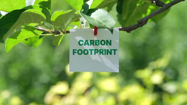 A note with the words Carbon Footprint on it clipped to a green tree branch. Close up.