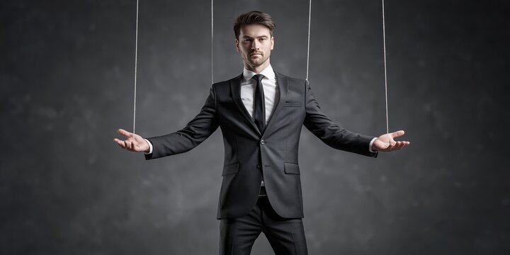 business executive in corporate suit with marionette strings being puppeteered