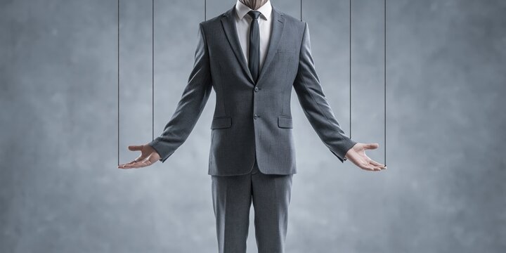 business executive in corporate suit with marionette strings being puppeteered