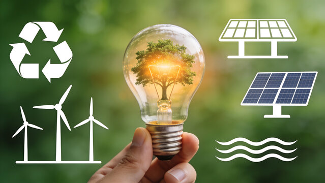 Eco energy concept showing an energy saving light bulb with solar panels representing renewable power, electricity saving and innovation