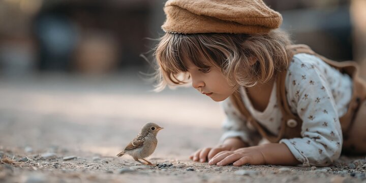 Photo of kid playing with bird 