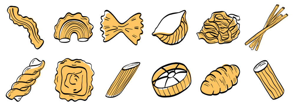 Pasta vector drawn minimal icon sketch illustration for Italian food with a fusilli doodle and penne design. Farfalle ravioli an artisan line set