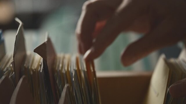 Female fingers browsing through old paper index card catalog in archival cabinet drawer, slow motion 4K