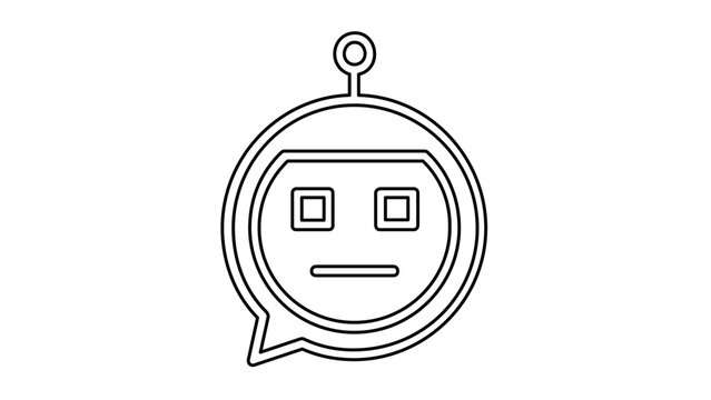 Vector illustration of a chat bot face line icon with stylized robotic facial features and a dialogue indicator in minimalist line art for conversational AI and tech projects.