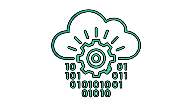 Vector illustration of a cloud computing data line icon depicting a rounded cloud with digital data nodes in a flat line-art style for cloud storage and big data projects.