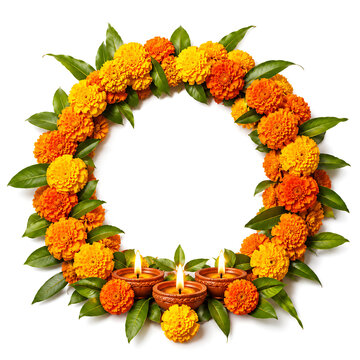 Luxury Navaratri Festival Floral Frame with Marigold Flowers and Glowing Oil Lamps