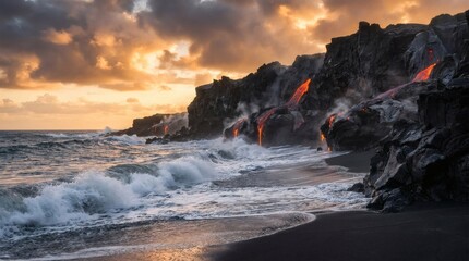 Fototapeta premium Molten volcanic lava flowing into ocean waves on black sand beach during golden sunset.