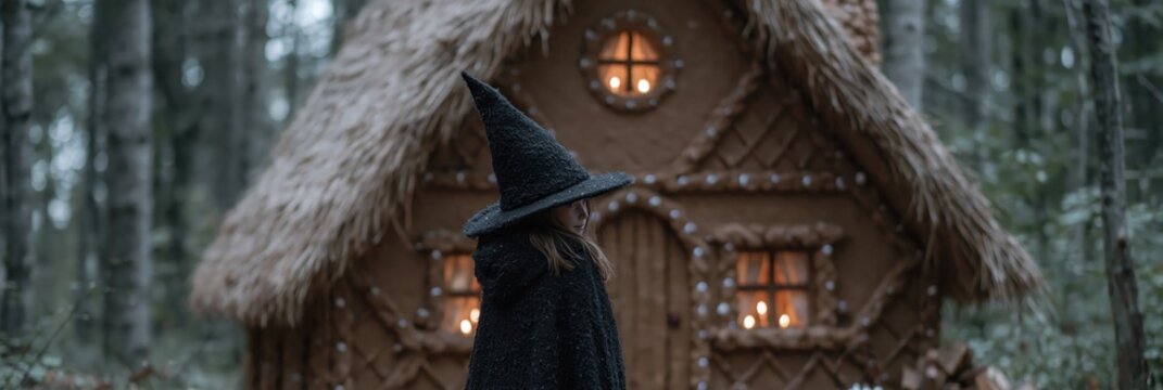 Photo of witch standing outside gingerbread house 