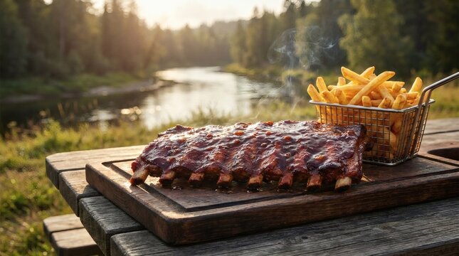 Delicious grilled pork ribs served with basket of golden french fries on wooden table outdoors.