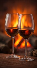 Naklejka premium Two glasses of red wine rest on a rustic wooden surface