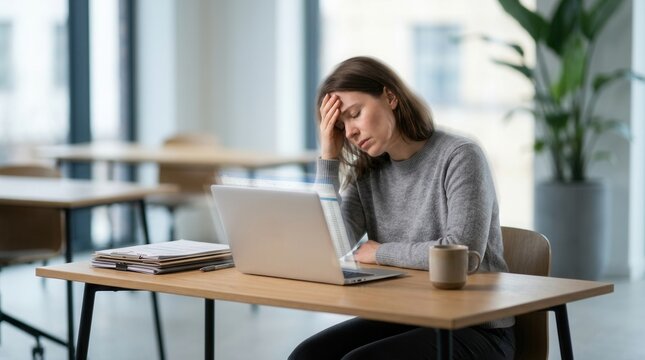 Woman Experiencing Headache And Stress While Working On Laptop In Office