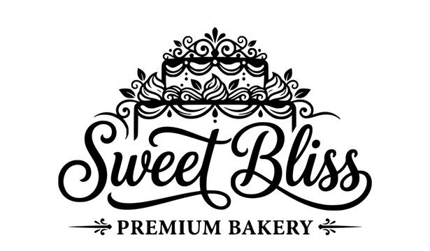 Premium bakery logo featuring the words "Sweet Bliss" in elegant flowing hand-lettered script seamlessly integrated with a decorative cake frosting topper above the typography. Luxurious swirls of whi