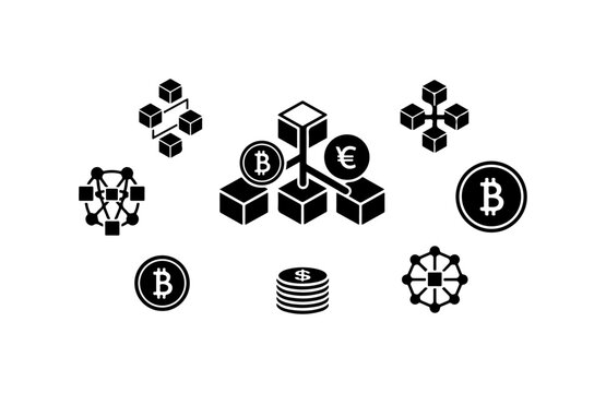 Cryptocurrency, Bitcoin, Blockchain Icons, Vector Set