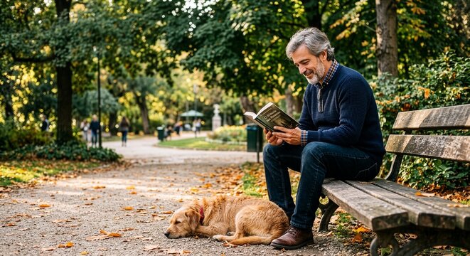 Homem lendo livro no parque com cachorro ao lado.