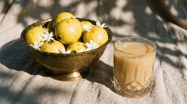 Antique gold bowl overflowing with yellow guavas and jasmine flowers next to glass of tropical fruit juice.
