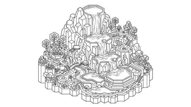 Isometric landscape line art featuring tiered waterfalls garden paths and lush trees on a hexagonal platform vector coloring page design