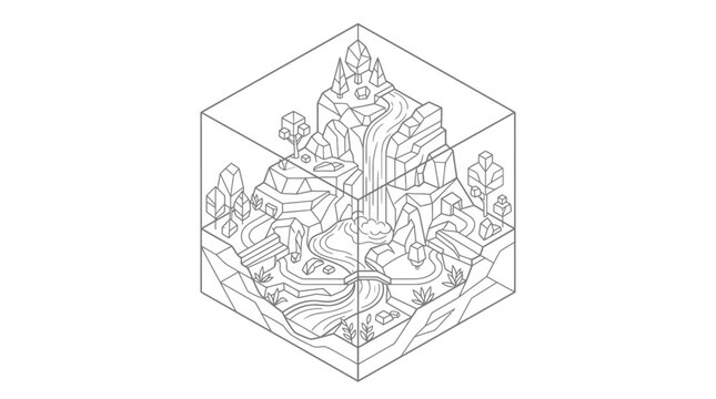 Isometric Nature Landscape Cube Illustration with Mountains Forest and River Line Art Design