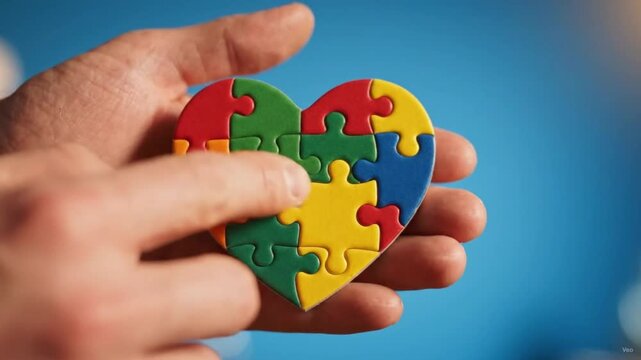 Close up of hands holding colorful puzzle heart for world mental health day and autism awareness