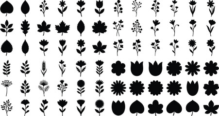 Fototapeta premium Set of black plant and flower silhouettes vector icons isolated on a clean white background