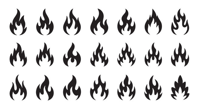Set of fire flame vector shapes with black silhouette style for logo design and graphic elements.