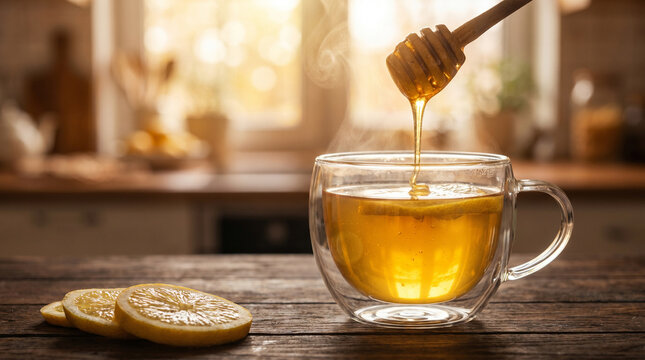 Golden honey drizzles into a steaming glass cup of hot lemon tea on a wooden table. High quality stock photography of cozy winter wellness and healthy hot drinks concept.
