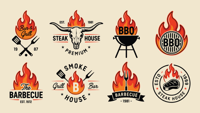 BBQ vintage emblems, rustic barbecue branding designs for restaurants, grill houses, food festivals and promotional materials.