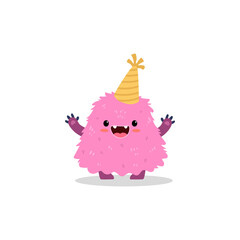 Fototapeta premium Cute cartoon monster on white background. Happy pink monster in birthday hat. Funny monster in flat style. Vector illustration.