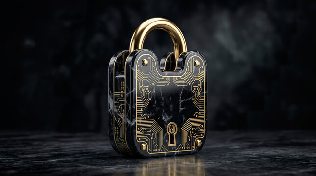 Padlock featuring circuit board design with gold accents on a dark marble surface, emphasizing modern security technology and innovation in locking mechanisms