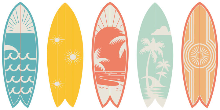 Surfboard vintage summer designs, retro patterns with tropical beach elements, coastal lifestyle graphics and surfing themed artwork.