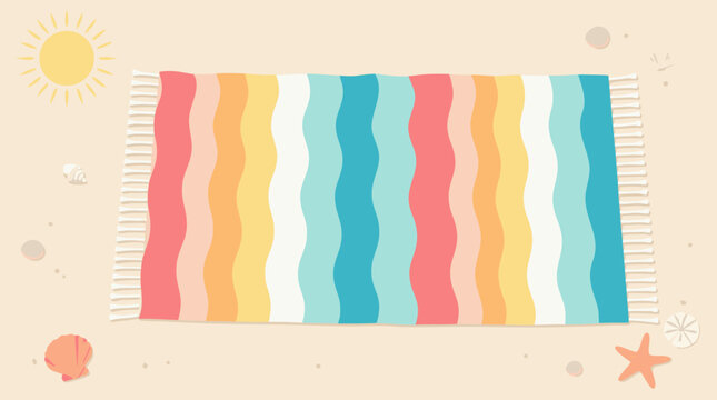 Colorful beach towel laid out flat under a glowing golden sun flat vector illustration on a light background, capturing the essence of summer relaxation, seaside holidays, and sunbathing days.