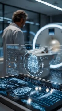 Modern healthcare facility showcases innovative brain imaging and smart diagnostics. High tech environment highlights the integration of AI and digital tools in neuroscience and medical research