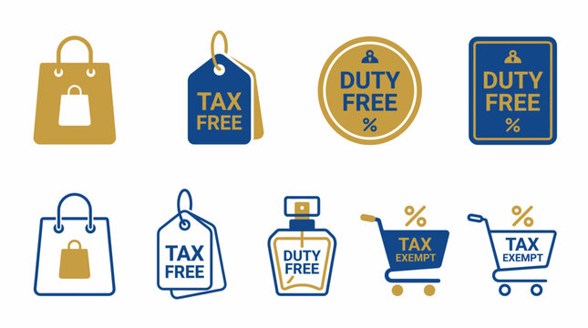 Duty Free Shopping Tax Free Icon Set Flat Vector Airport Travel Retail Symbol Badge App UI Website EPS SVG