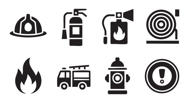 Set of eight essential firefighter equipment icons including fire extinguisher and safety gear.