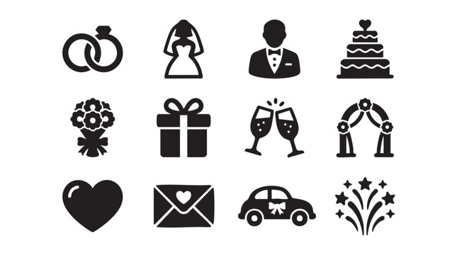 Wedding icons, marriage symbols, black vector graphics, 12 pcs