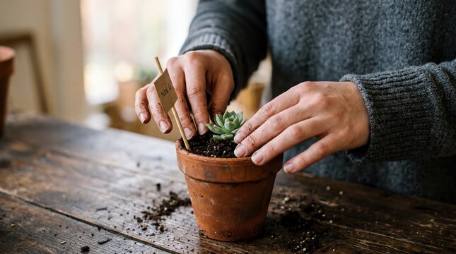 gardening for healing, tender hands gently place a succulent in a memory pot, symbolizing loss
