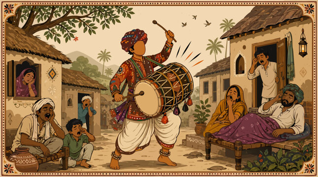 Faceless traditional drummer waking people up for suhoor during ramadan, cultural flat vector illustration of a musaharati playing drum in an old town setting on a light background scene.