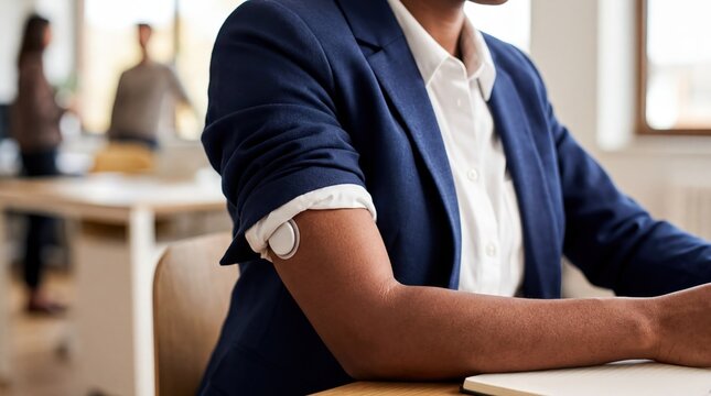 invisible illness awareness, a hidden diabetes monitor discreetly rests on an arm beneath a blazer