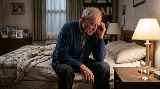 Elderly Man in Solitude: A senior man with a pensive expression sits alone on the edge of a bed in a dimly lit bedroom, his hand resting on his forehead, evoking a sense of loneliness and reflection.