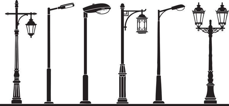 Variety of street lamps collection vintage modern and decorative outdoor lighting fixtures in silhouette