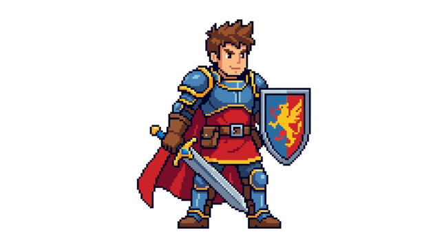 Pixel art knight, cartoon warrior, medieval hero, video game character isolated on White Background vector