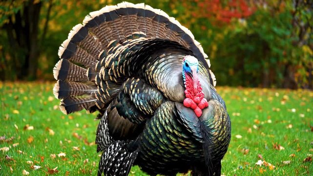 Male turkey strutting with fanned tail feathers on green lawn amid colorful autumn foliage. Perfect for holiday branding, Thanksgiving visuals, educational content
